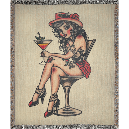 Red Martini Girl Traditional Tattoo Style Woven Fringe Blanket