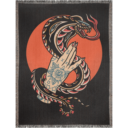 Black Cobra Traditional Tattoo Style Woven Fringe Blanket / / Wall tapestry, throw for sofa, maximalist decor, tattoo home decor