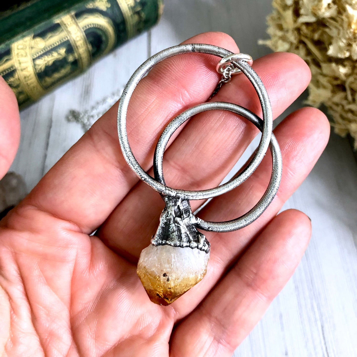 Large Citrine Necklace / Big Crystal Necklace Silver.