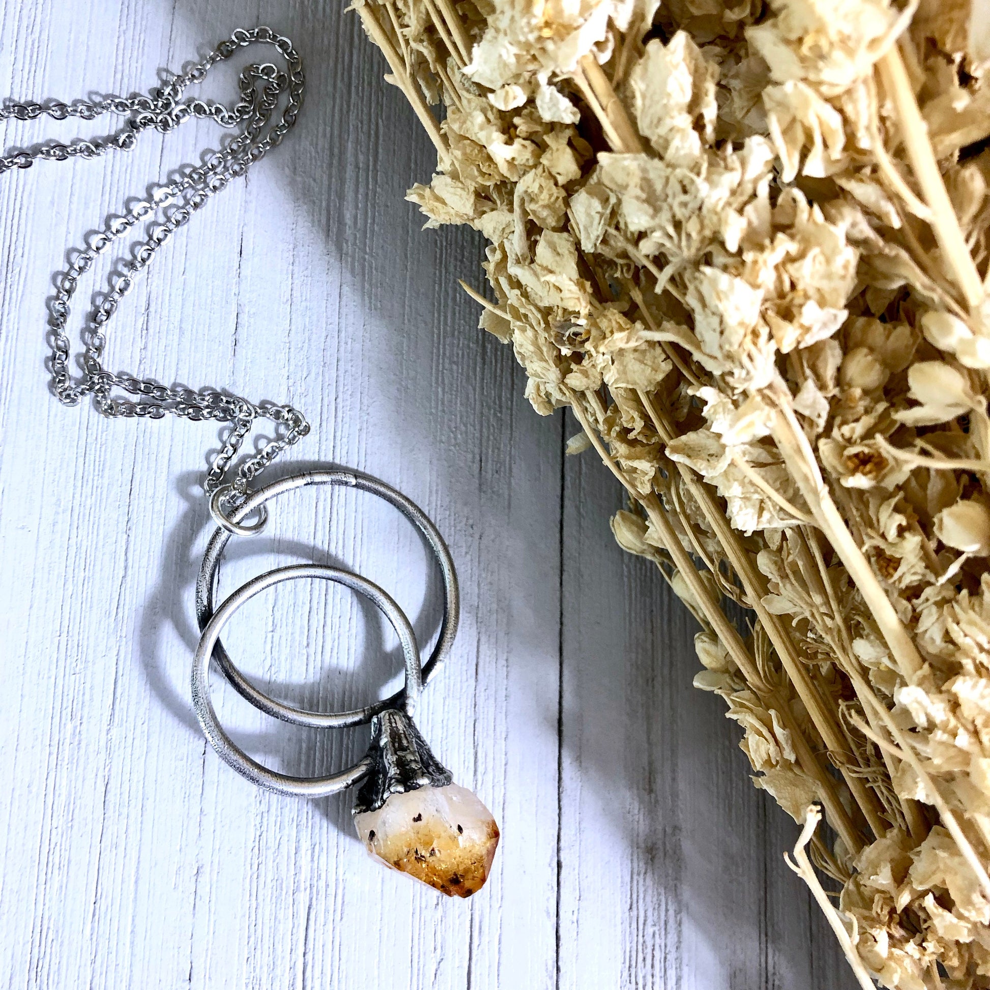 Large Citrine Necklace / Big Crystal Necklace Silver.