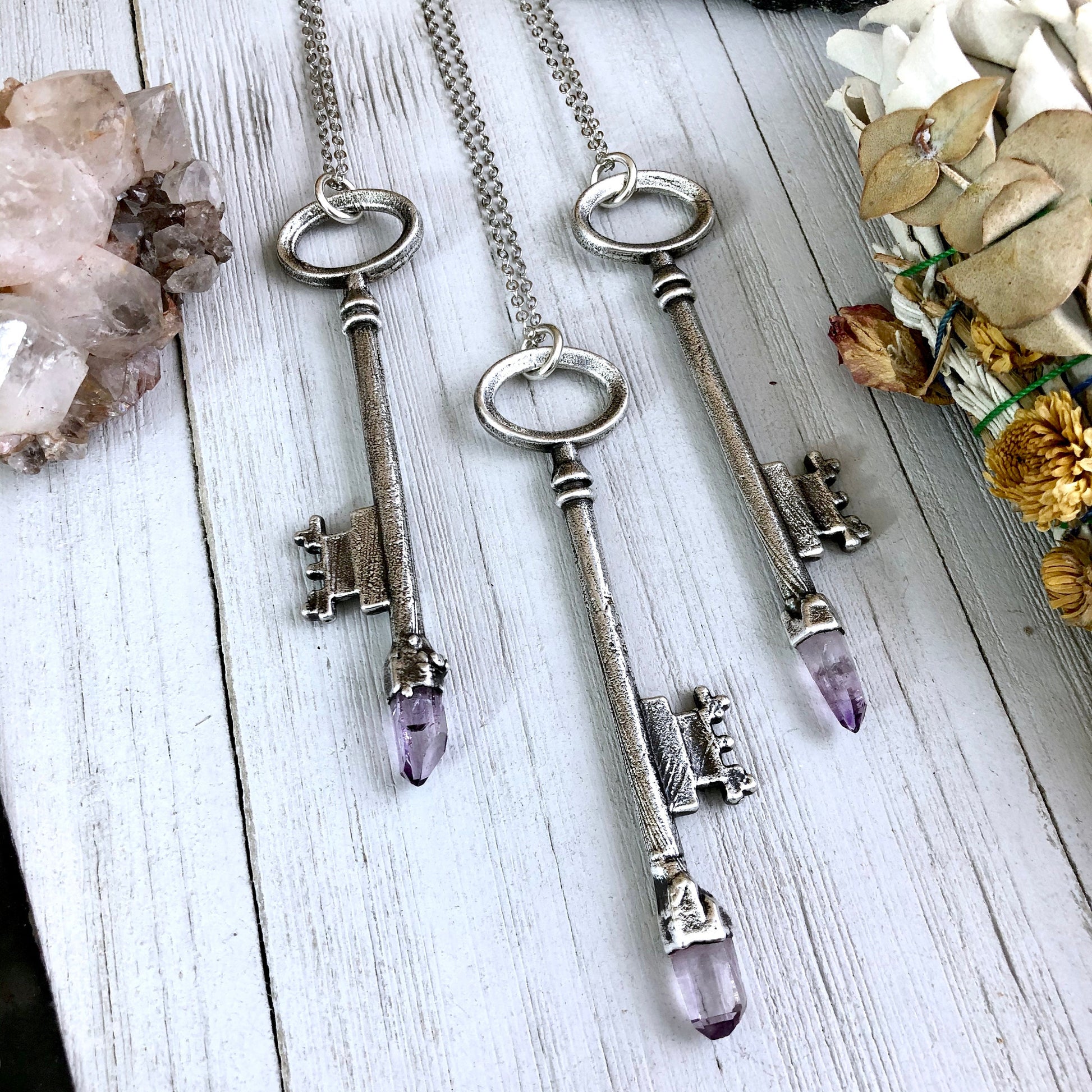 Raw Vera Cruz Amethyst Crystal Vintage Skeleton Key Necklace Pendant in Fine Silver / Foxlark Collection - One of a Kind