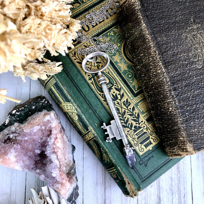 Raw Vera Cruz Amethyst Crystal Vintage Skeleton Key Necklace Pendant in Fine Silver / Foxlark Collection - One of a Kind