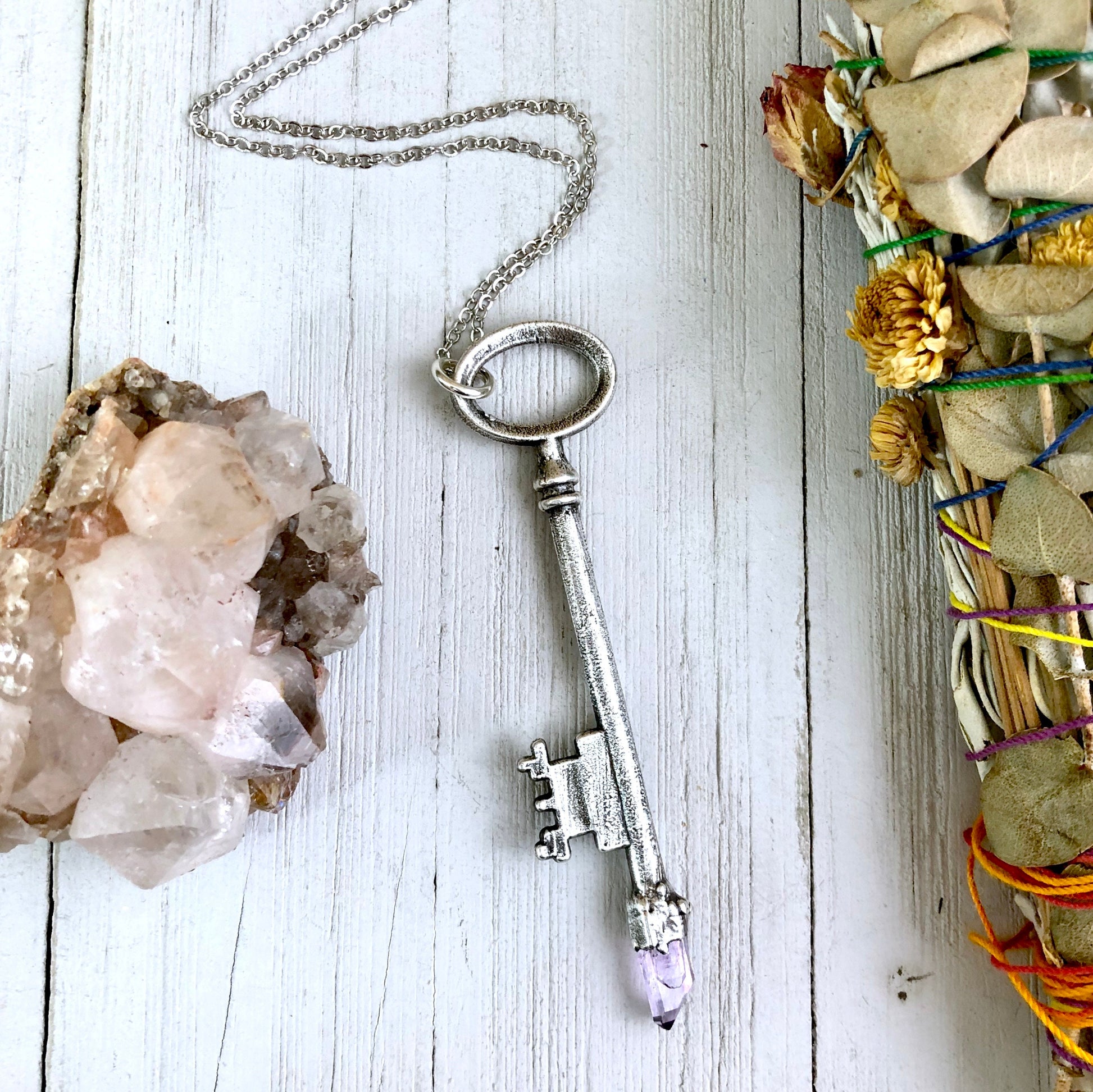 antique key necklace, Crystal Necklaces, Etsy ID: 745548723, FOXLARK- NECKLACES, Gothic Jewelry, Jewelry, Necklaces, Raw Amethyst Jewelry, raw crystal jewelry, Raw crystal necklace, Raw Crystal Pendant, Raw Stone Jewelry, Skeleton Key, Steampunk Jewelry,