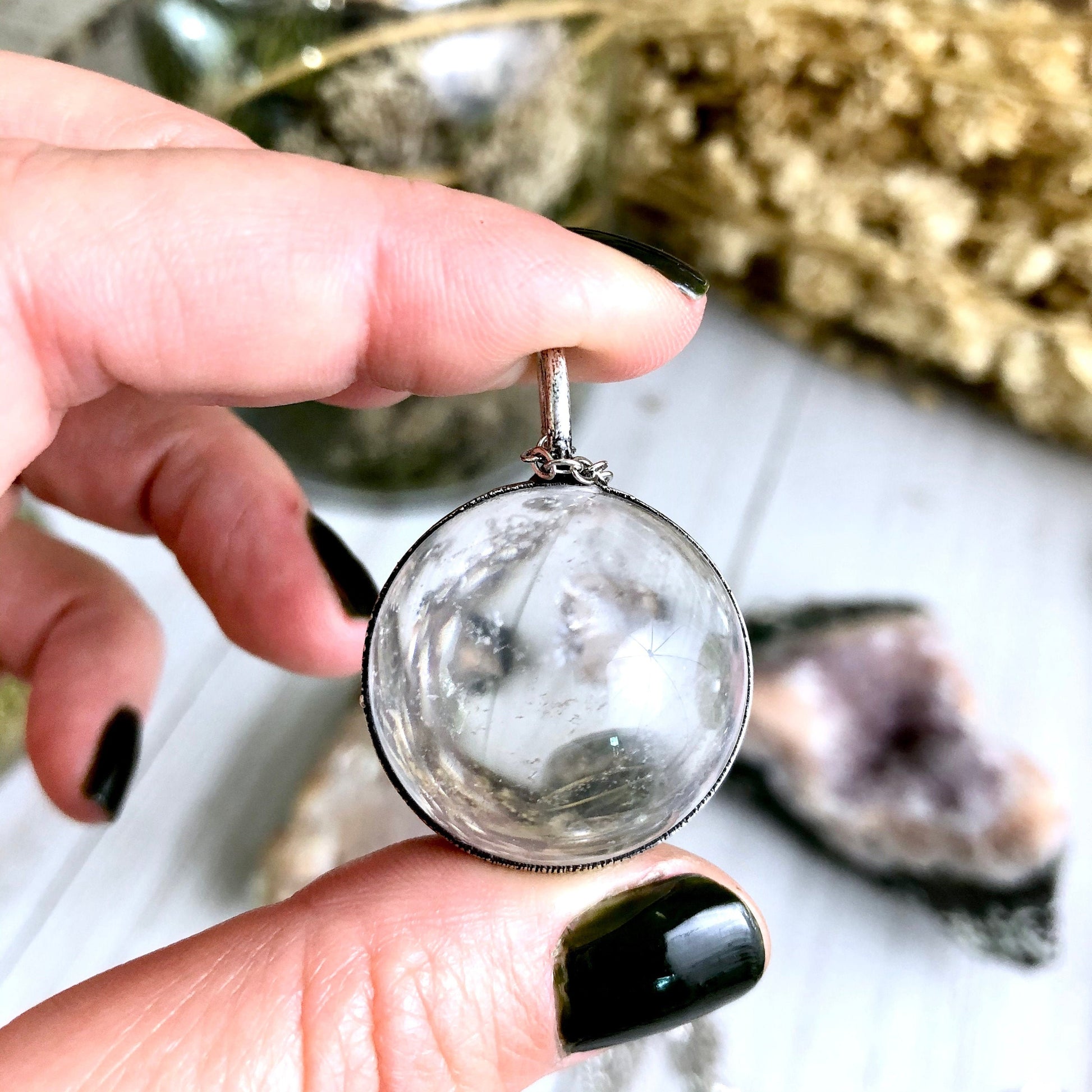 Silver Crystal Ball Necklace Large Clear Quartz Crystal Necklace // Crystal Sphere Necklace, Crystal Orb Statement Necklace Witchy Jewelry