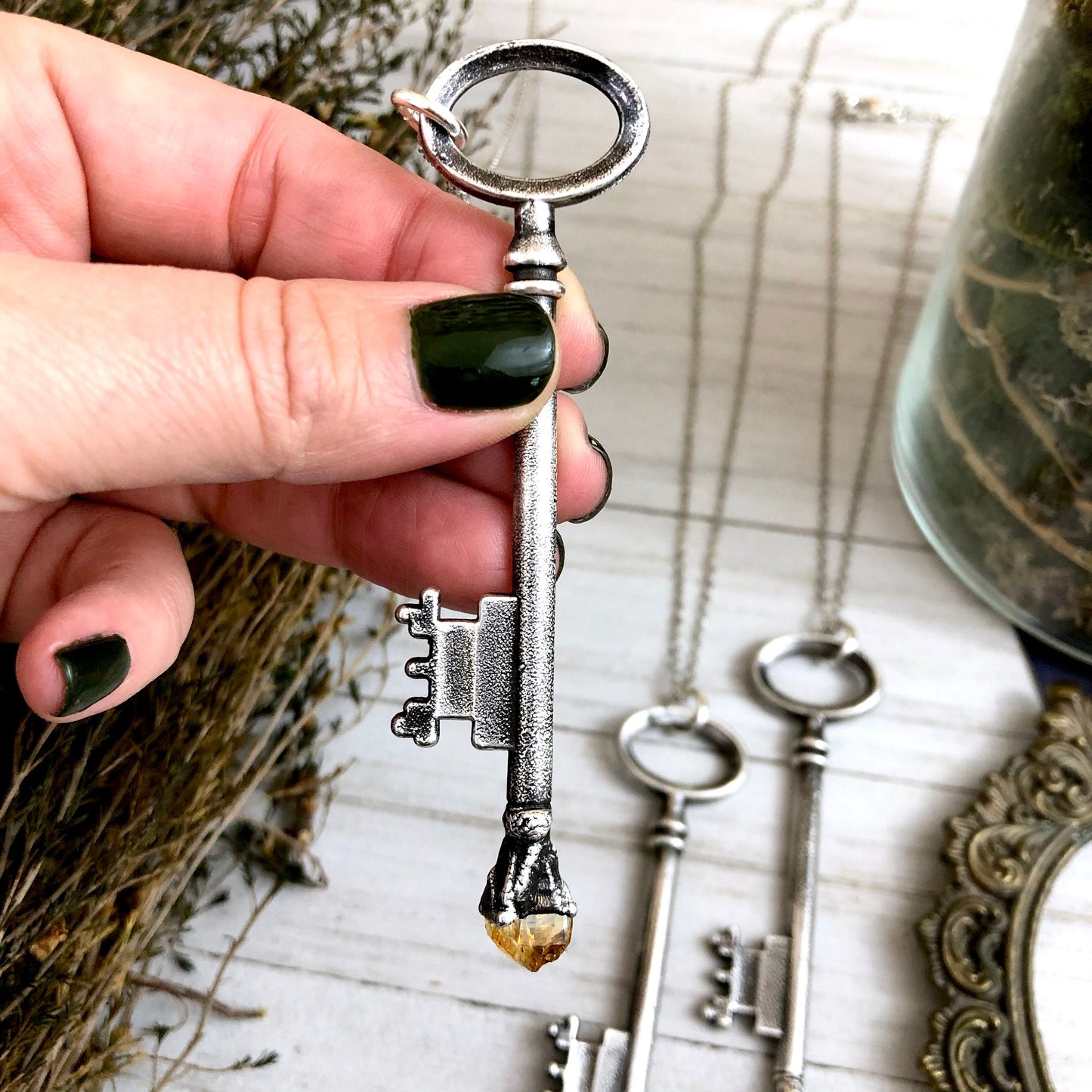 Raw Citrine Vintage Skeleton Key Necklace in Fine Silver / Foxlark Collection - One of a Kind