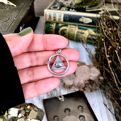 Tiny Talisman Collection - Sterling Silver All Seeing Eye and Ouroboros Necklace Pendant 21x21mm /