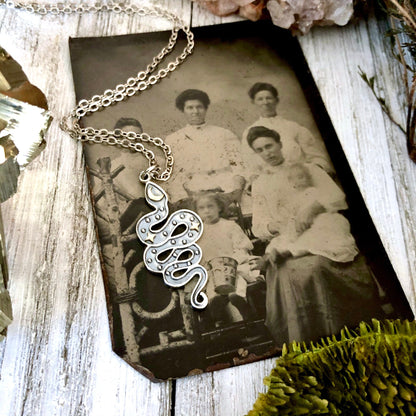 Tiny Talisman Collection - Sterling Silver Snake Pendant with Bronze Moon and Stars 33x15mm /