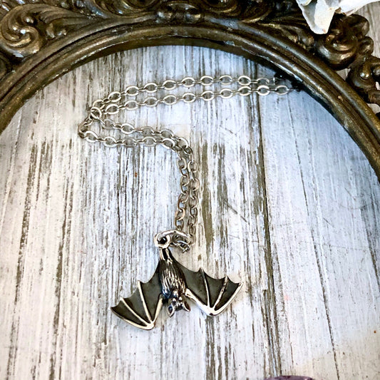 Tiny Talisman Collection - Sterling Silver Tiny Bat Necklace Pendant 12x20mm /