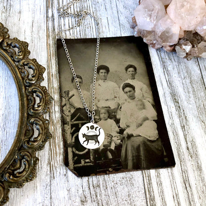 Tiny Talisman Collection - Sterling Silver Black Cat & Moon Phase Necklace Pendant