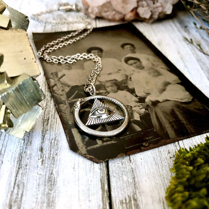 Tiny Talisman Collection - Sterling Silver All Seeing Eye and Ouroboros Necklace Pendant 21x21mm /