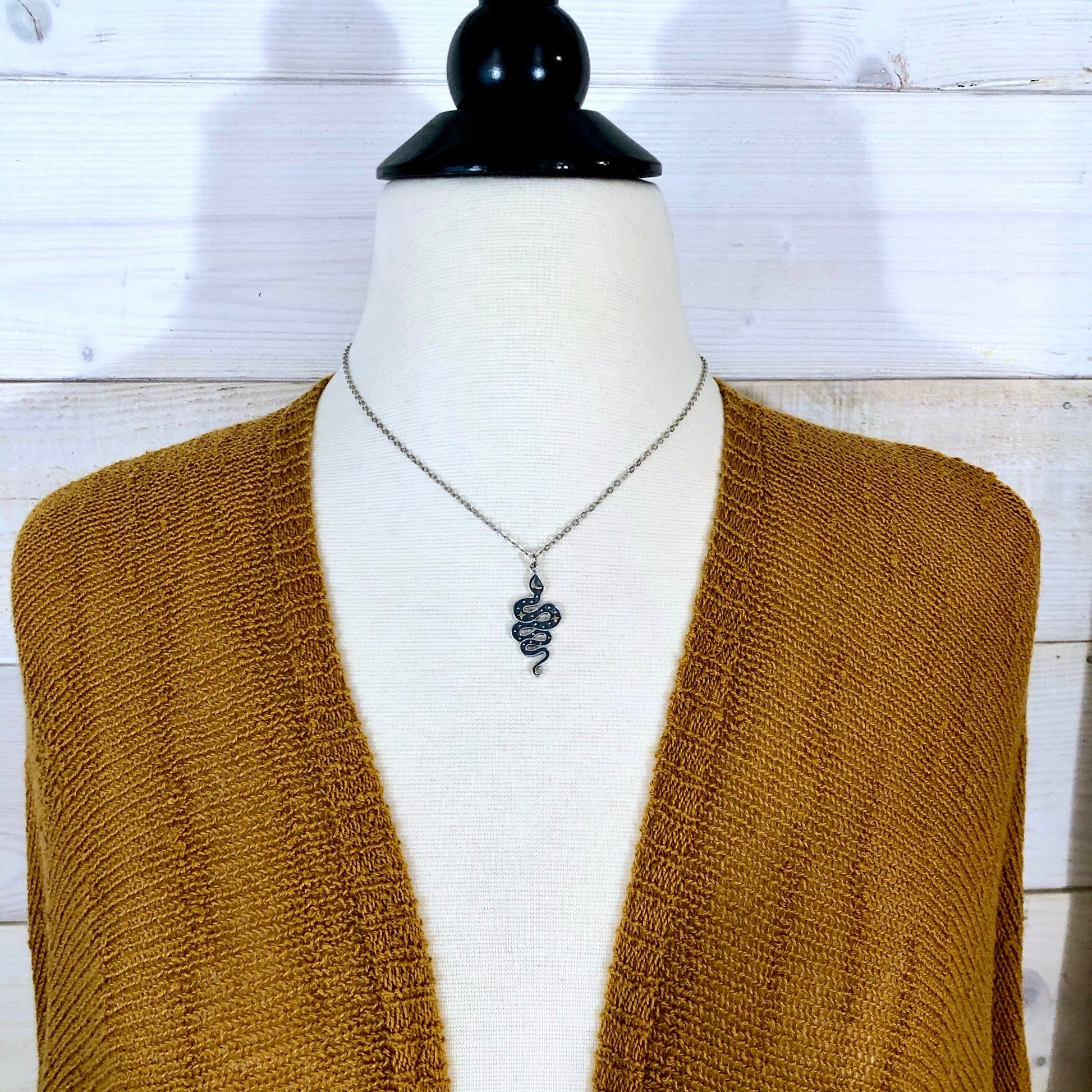 Tiny Talisman Collection - Sterling Silver Snake Pendant with Bronze Moon and Stars 33x15mm /