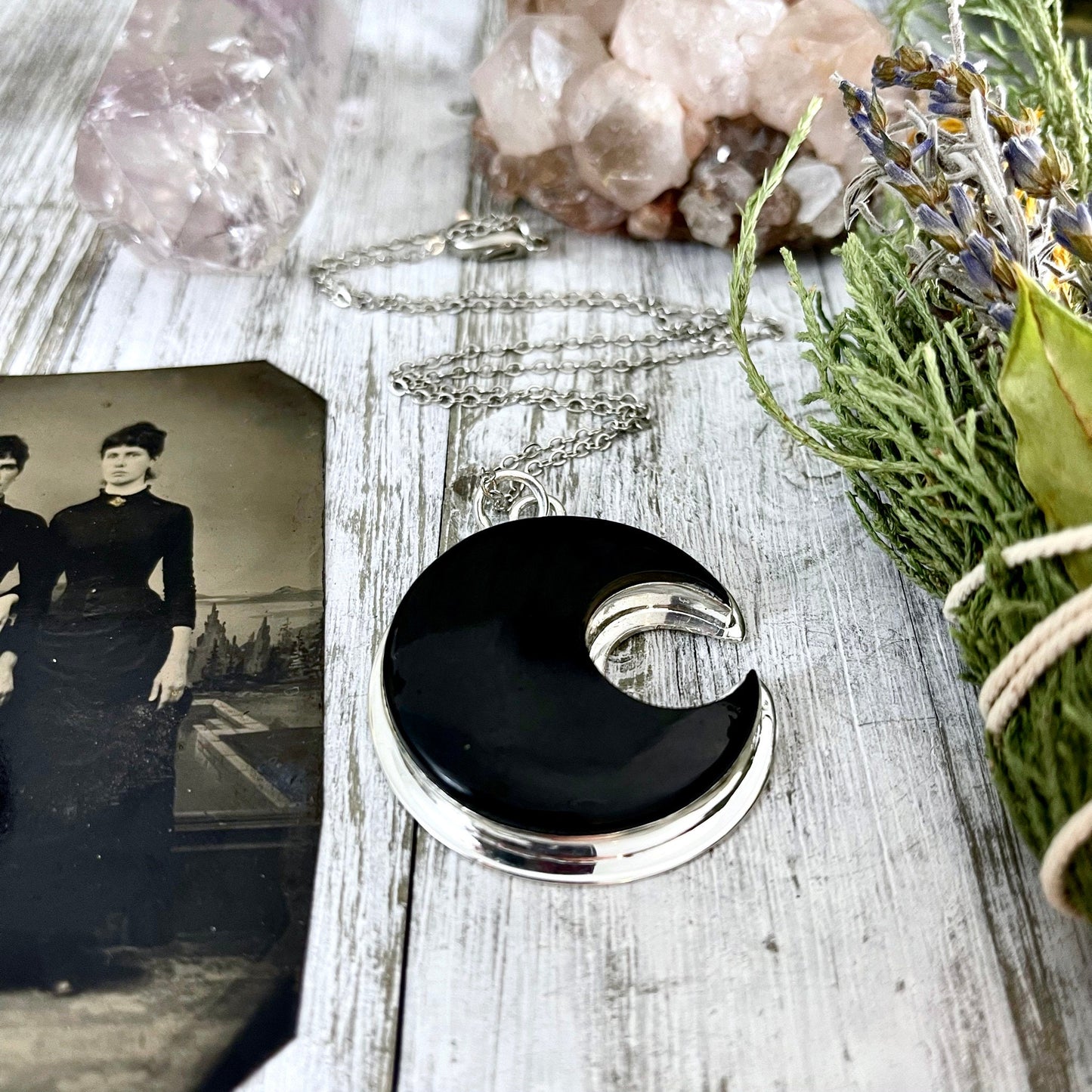 Crescent Moon Black Onyx Crystal Necklace in Sterling Silver / Designed by FOXLARK Collection