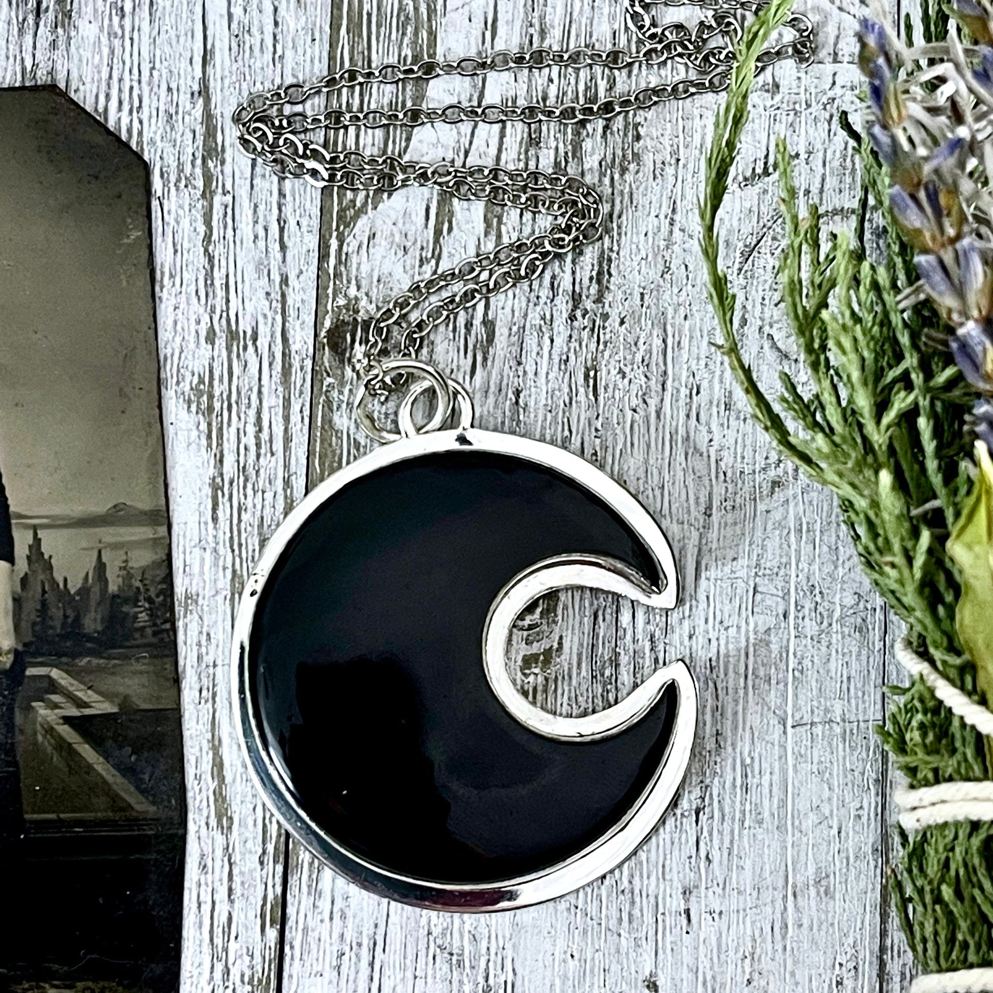 Crescent Moon Black Onyx Crystal Necklace in Sterling Silver / Designed by FOXLARK Collection