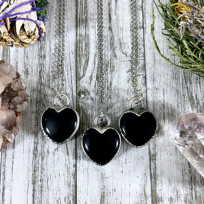 Black Obsidian Crystal Heart Necklace In Fine Silver