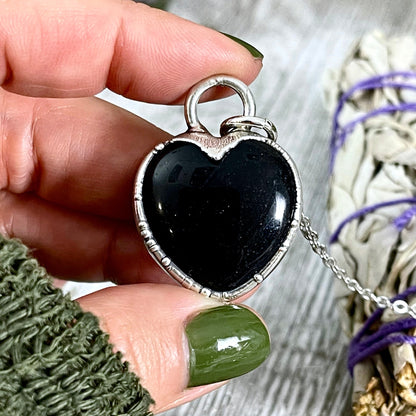 Black Obsidian Crystal Heart Necklace In Fine Silver