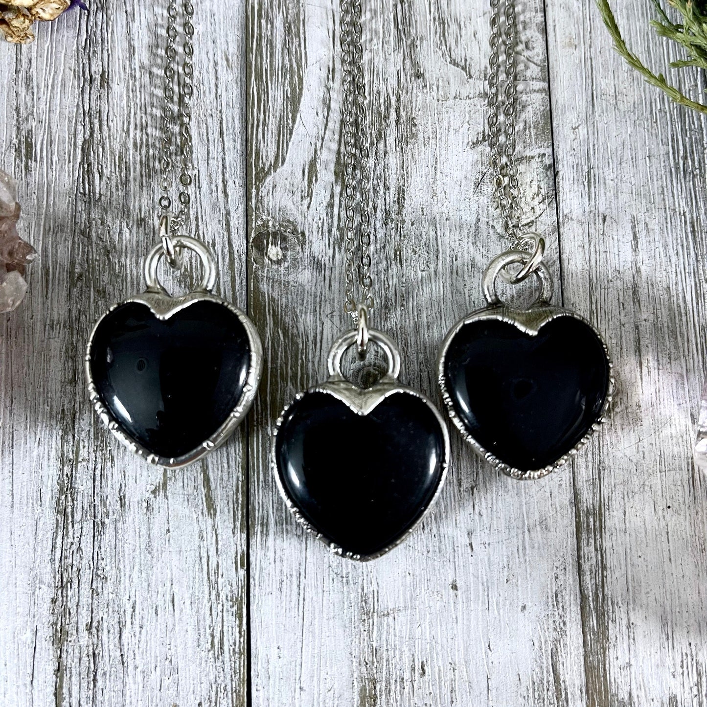 Black Obsidian Crystal Heart Necklace In Fine Silver