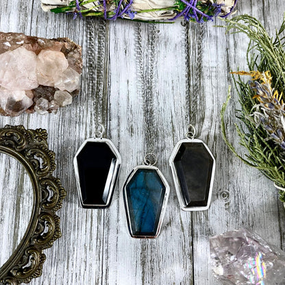 Big Chunky Crystal Coffin Necklace in Sterling Silver- Black Onyx, Labradorite or Silver Sheen Obsidian -Designed by FOXLARK Collection