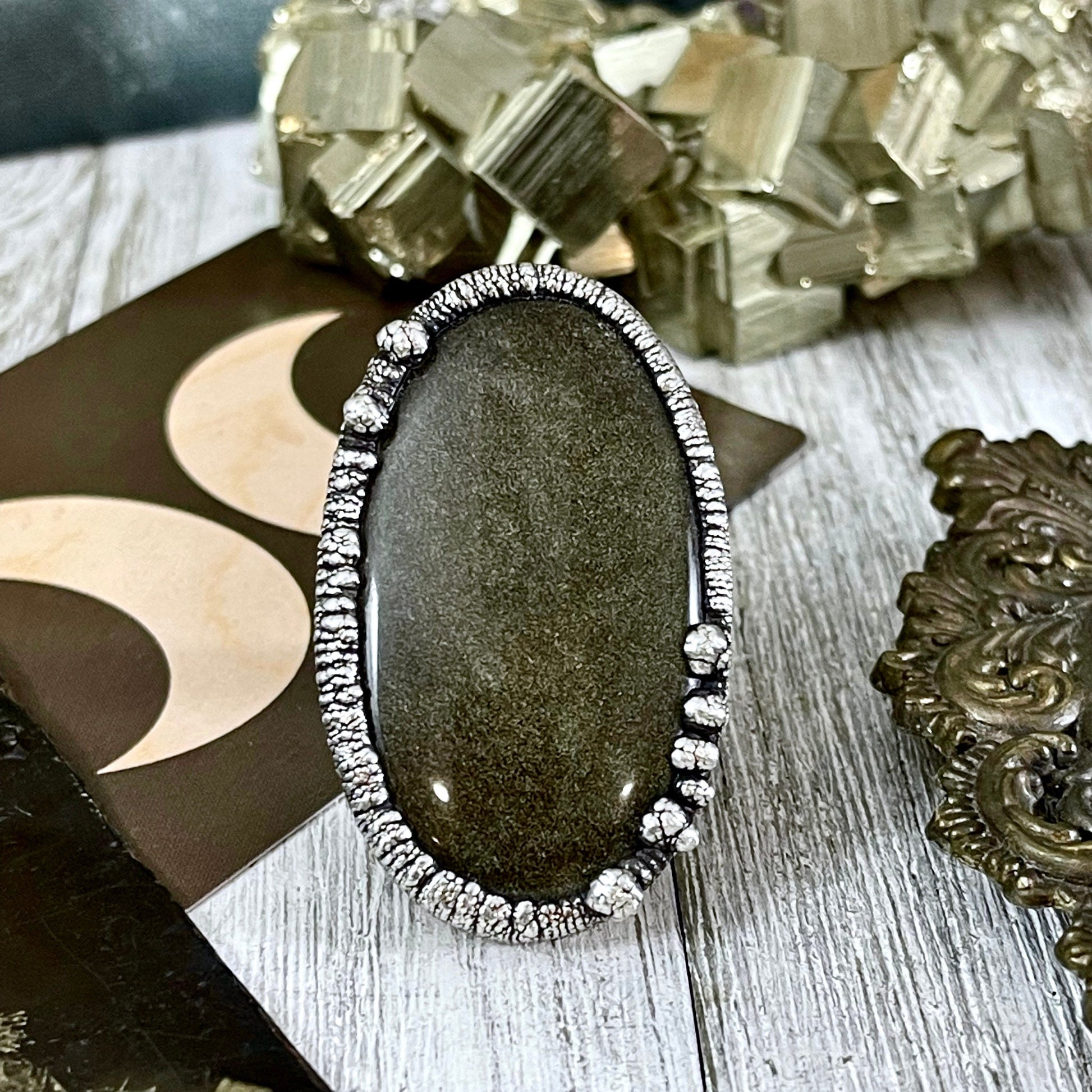 Size 9 Golden Sheen Obsidian Statement Ring in Fine Silver / Foxlark Collection - One of a Kind