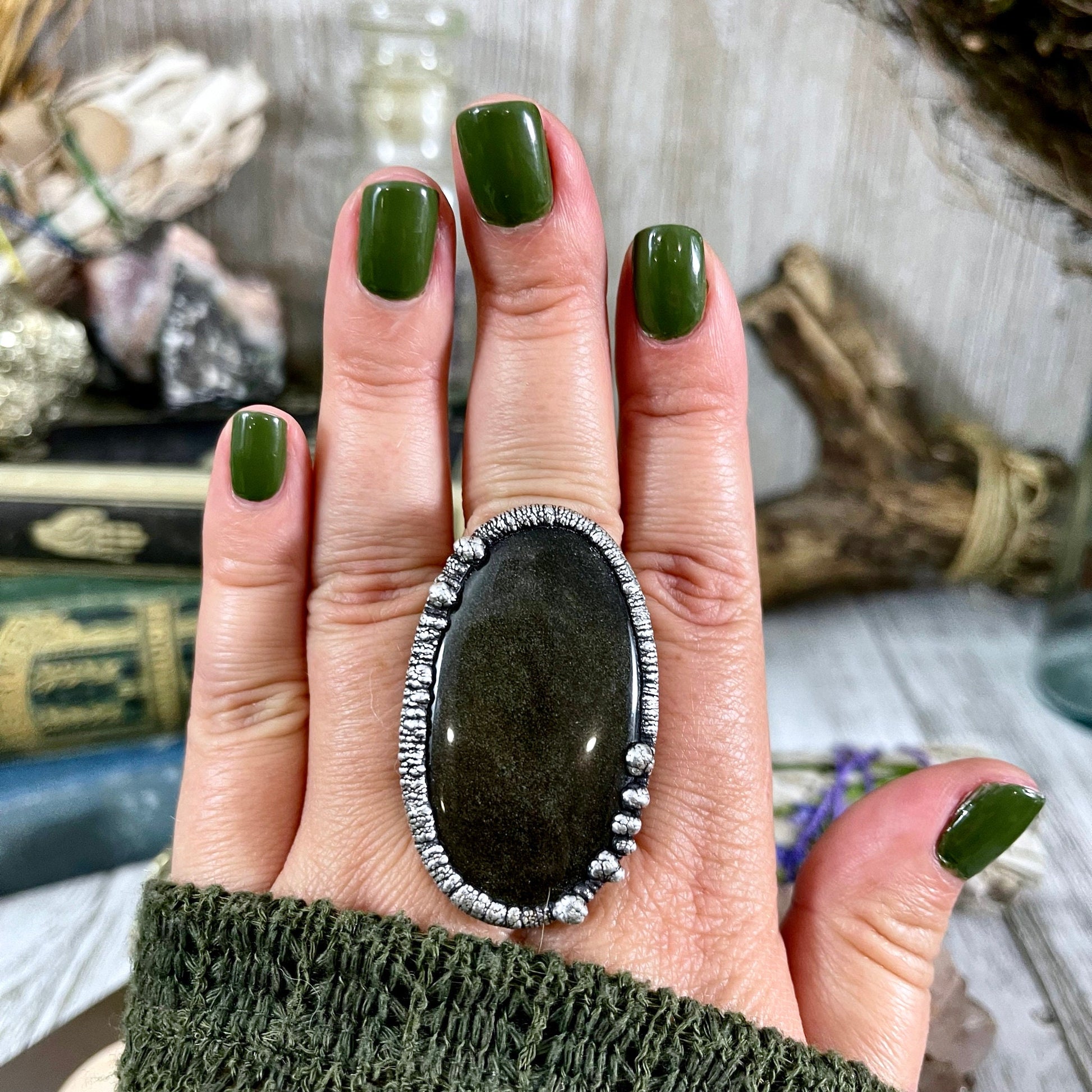 Size 9 Golden Sheen Obsidian Statement Ring in Fine Silver / Foxlark Collection - One of a Kind