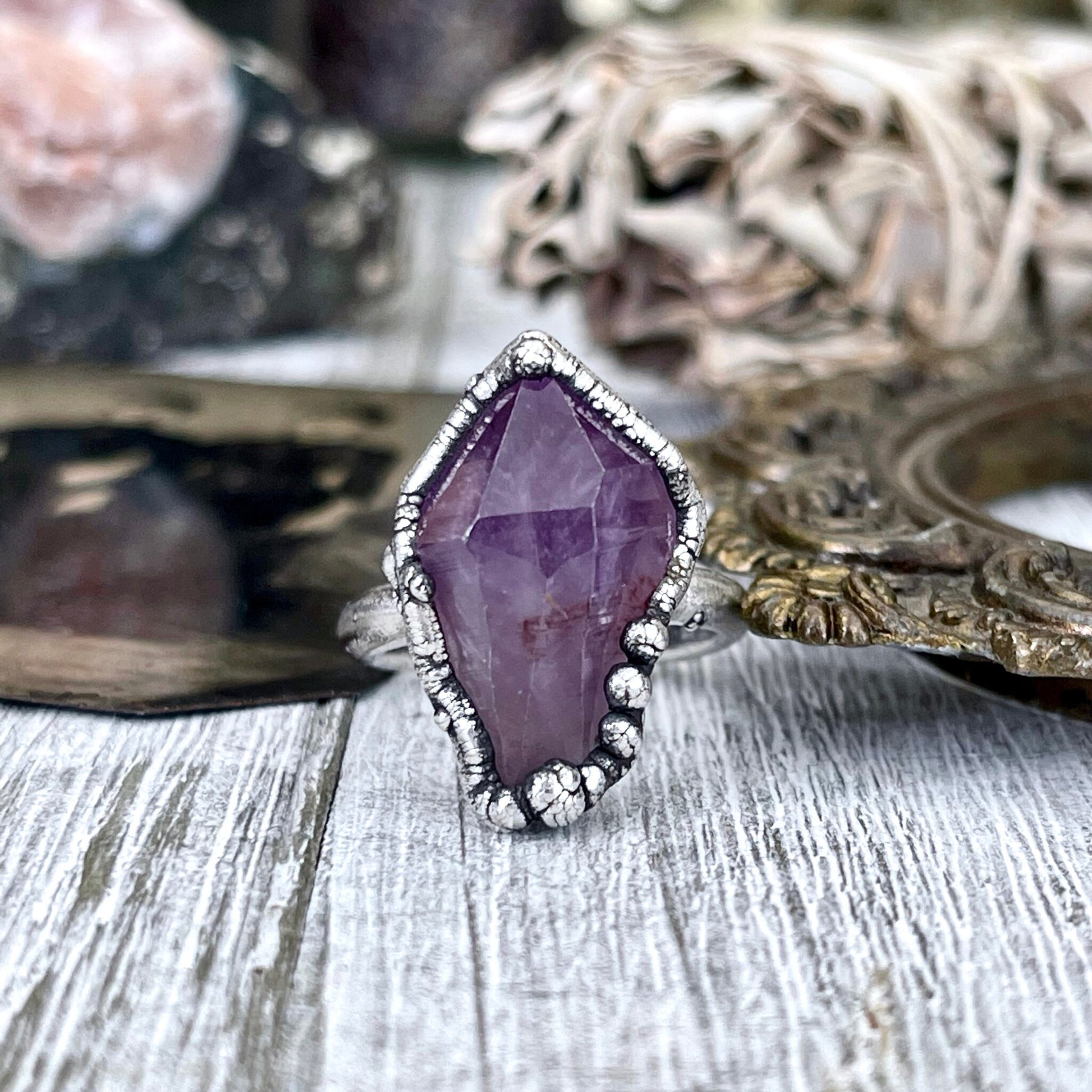 Raw Amethyst Purple Crystal Ring in Fine Silver Size 5 6 7 8 9 / Foxlark Collection - One of a Kind.