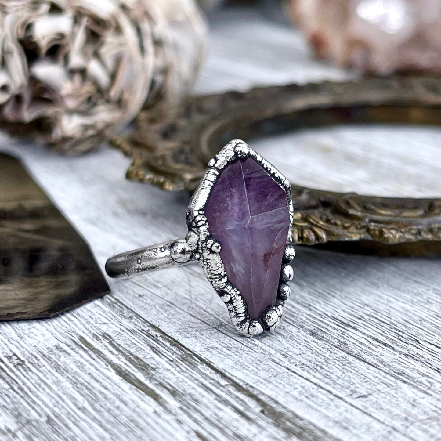 Raw Amethyst Purple Crystal Ring in Fine Silver Size 5 6 7 8 9 / Foxlark Collection - One of a Kind.