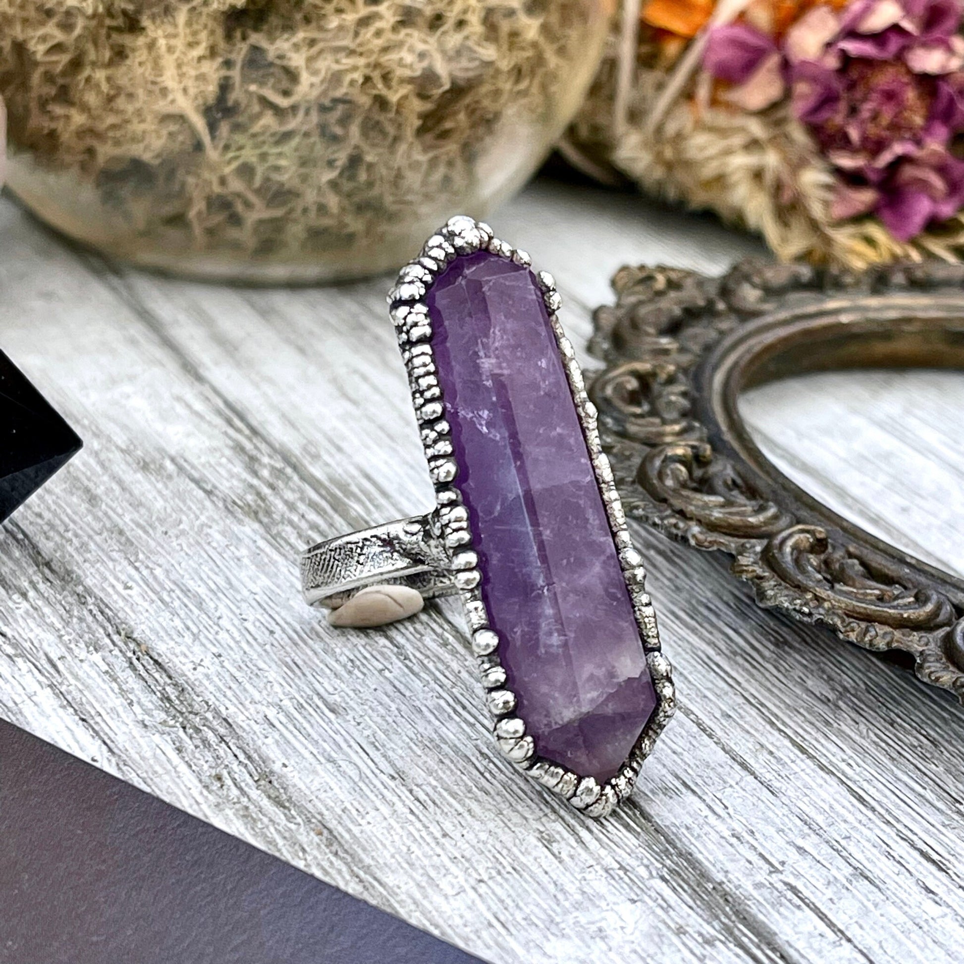 Purple Amethyst Crystal Point Ring Set in Fine Silver Size 5 6 7 8 9 10 / Foxlark Collection One of a Kind