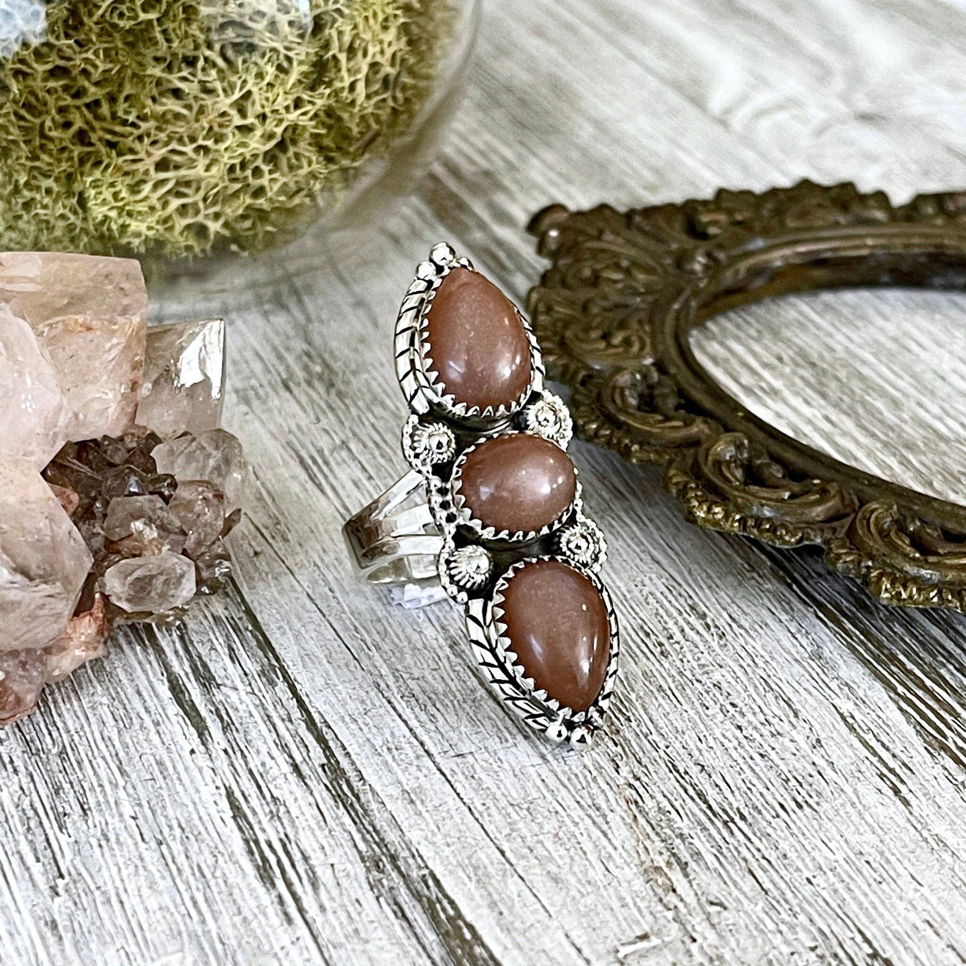 Three Stone Peach Moonstone Ring in Solid Sterling Silver- Designed by FOXLARK Collection Size 5 6 7 8 9 10 11 / Gothic Jewelry Gemstone.