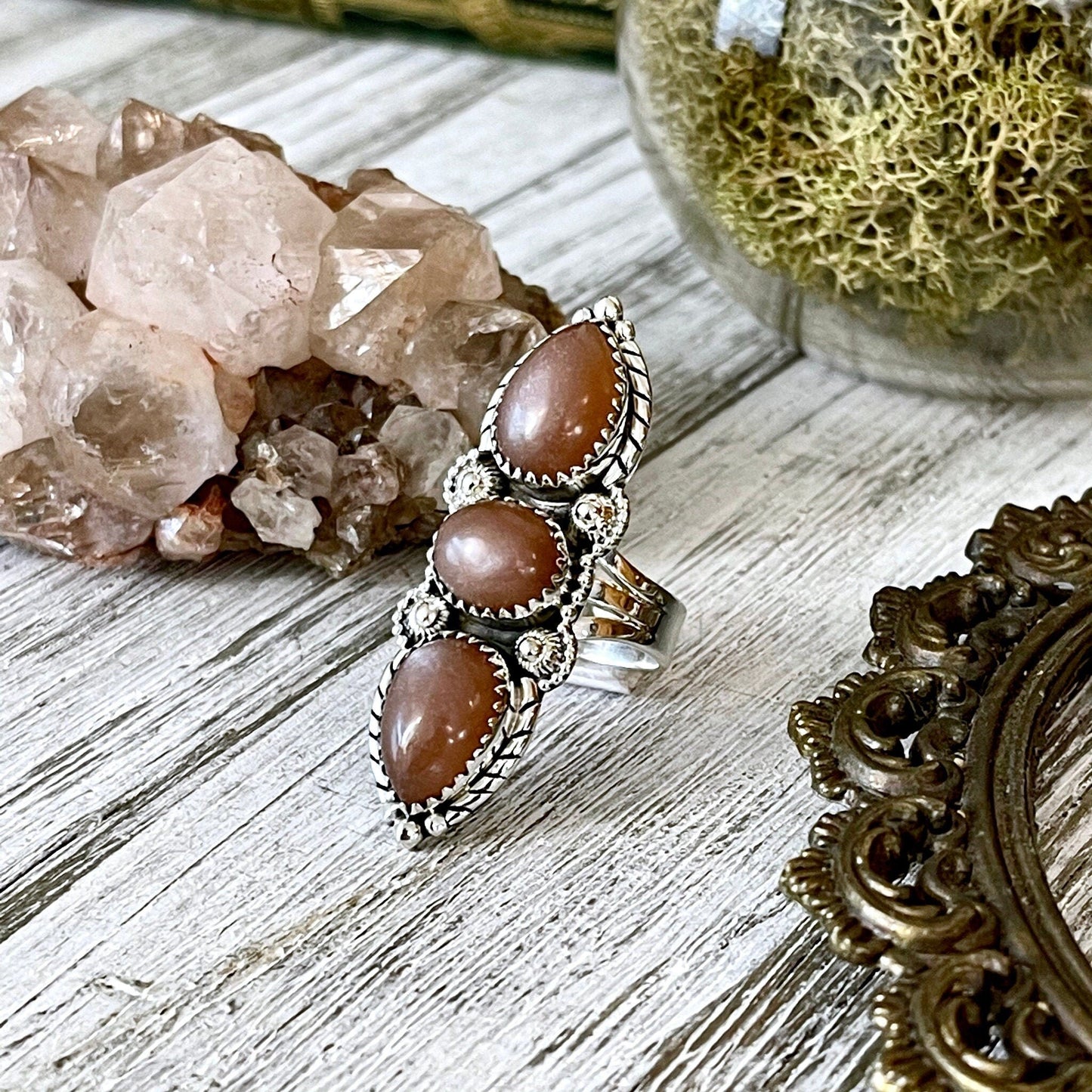 Three Stone Peach Moonstone Ring in Solid Sterling Silver- Designed by FOXLARK Collection Size 5 6 7 8 9 10 11 / Gothic Jewelry Gemstone.