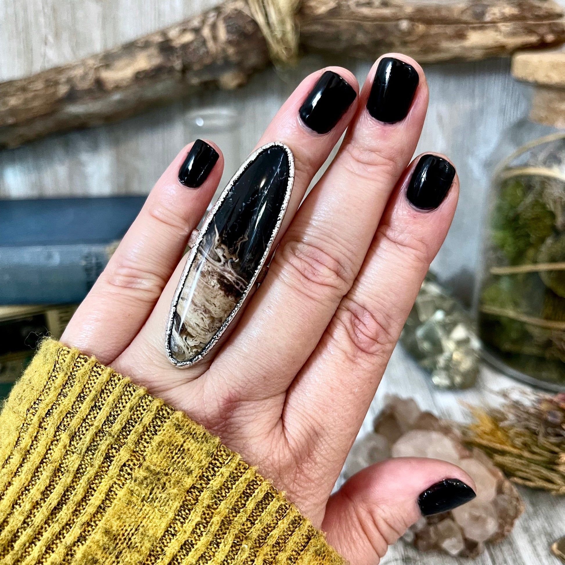 Size 7 Large Fossilized Palm Root Statement Ring in Fine Silver - Black Stone Ring / Foxlark Collection - One of a Kind.