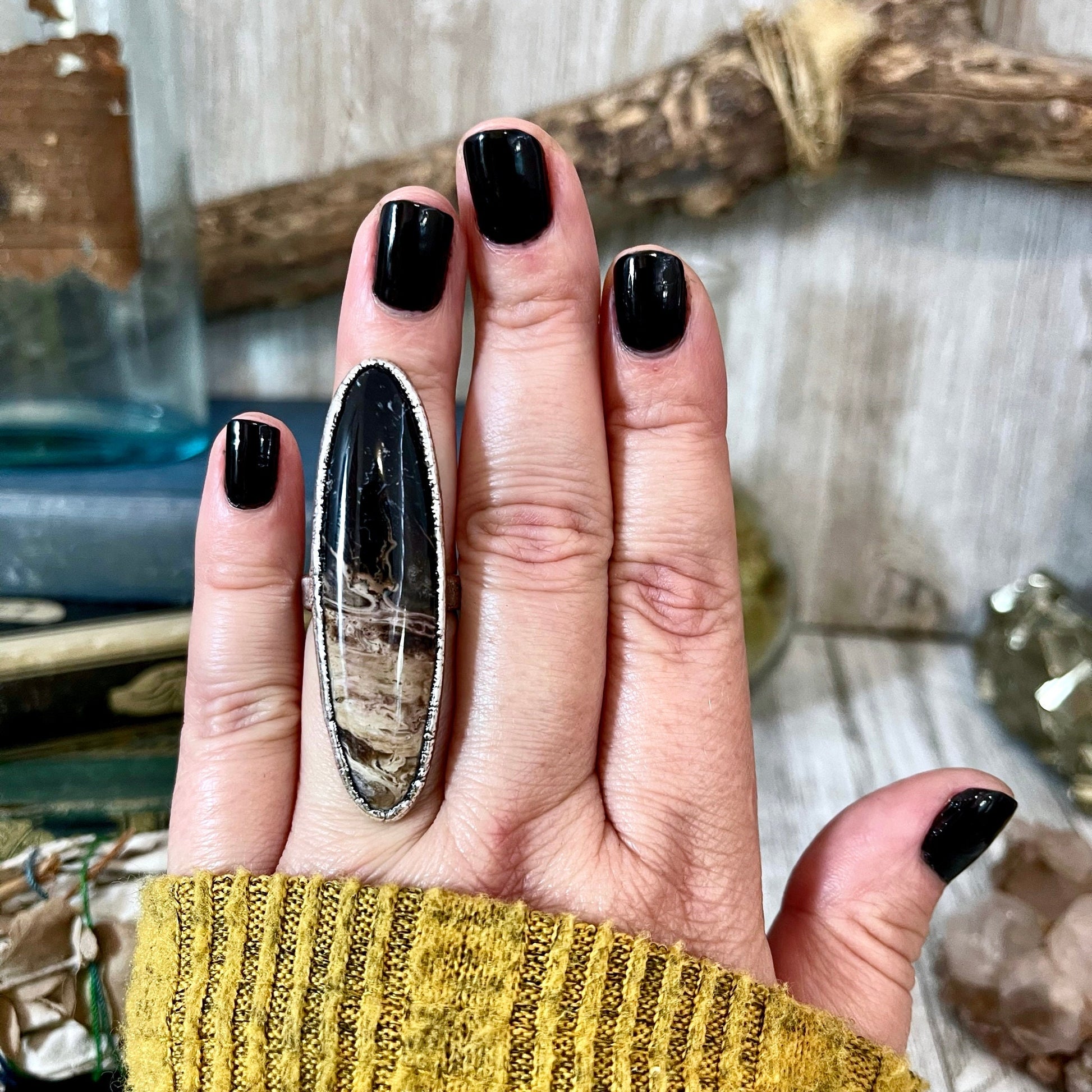 Size 7 Large Fossilized Palm Root Statement Ring in Fine Silver - Black Stone Ring / Foxlark Collection - One of a Kind.