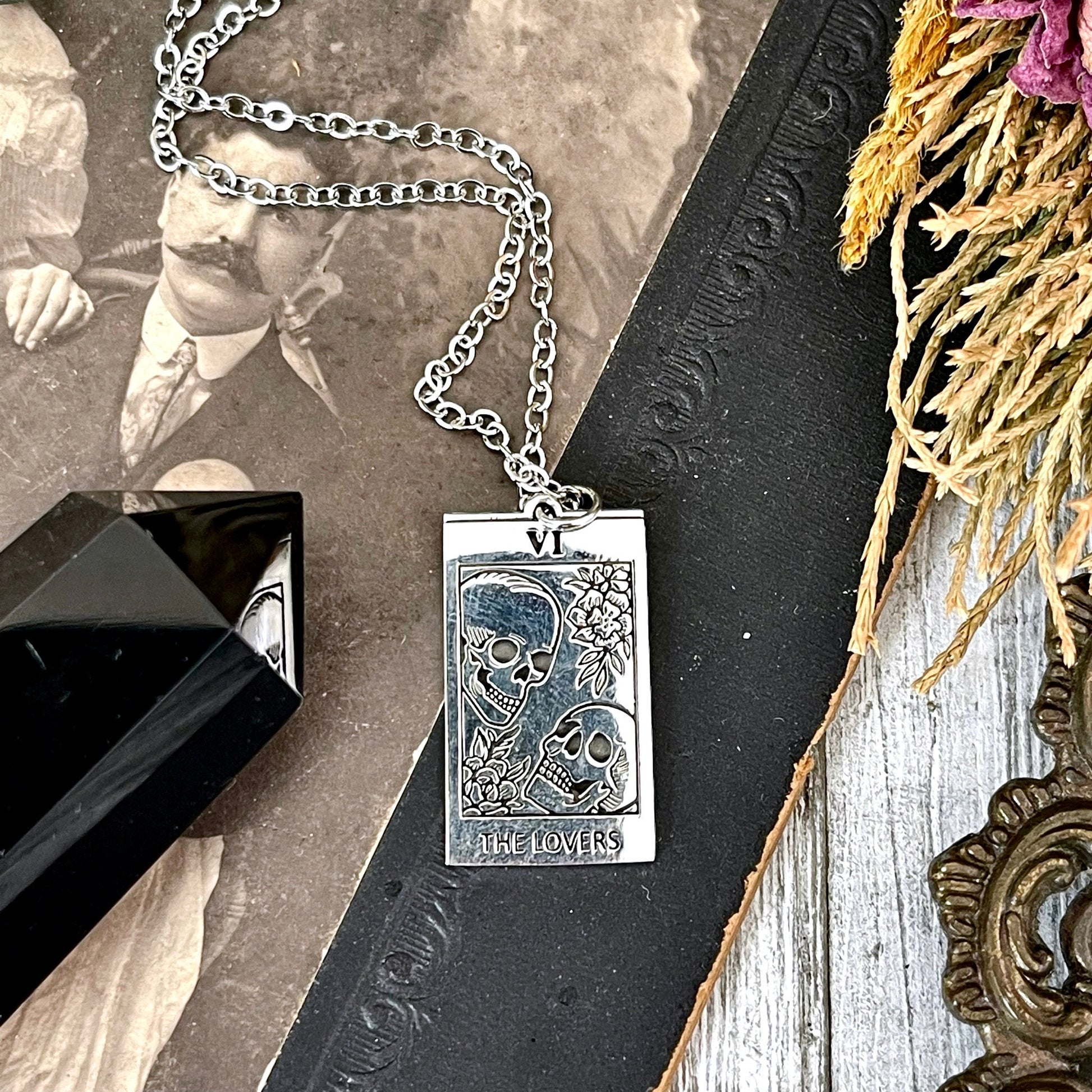 Tiny Talisman Collection - Sterling Silver Tarot Cart The Lovers Skull Necklace Charm 24x15mm /
