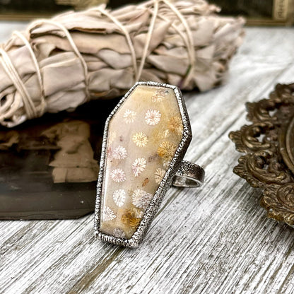 Coffin Jewelry, Etsy ID: 1425213398, Festival Jewelry, Fossilized Coral, Fossilized Palm Root, FOXLARK- RINGS, Gemstone Ring, Gothic Jewelry, Halloween Jewelry, Healing Crystal, Jewelry, Ring For Woman, Rings, Silver Coffin Ring, silver crystal ring, Silv