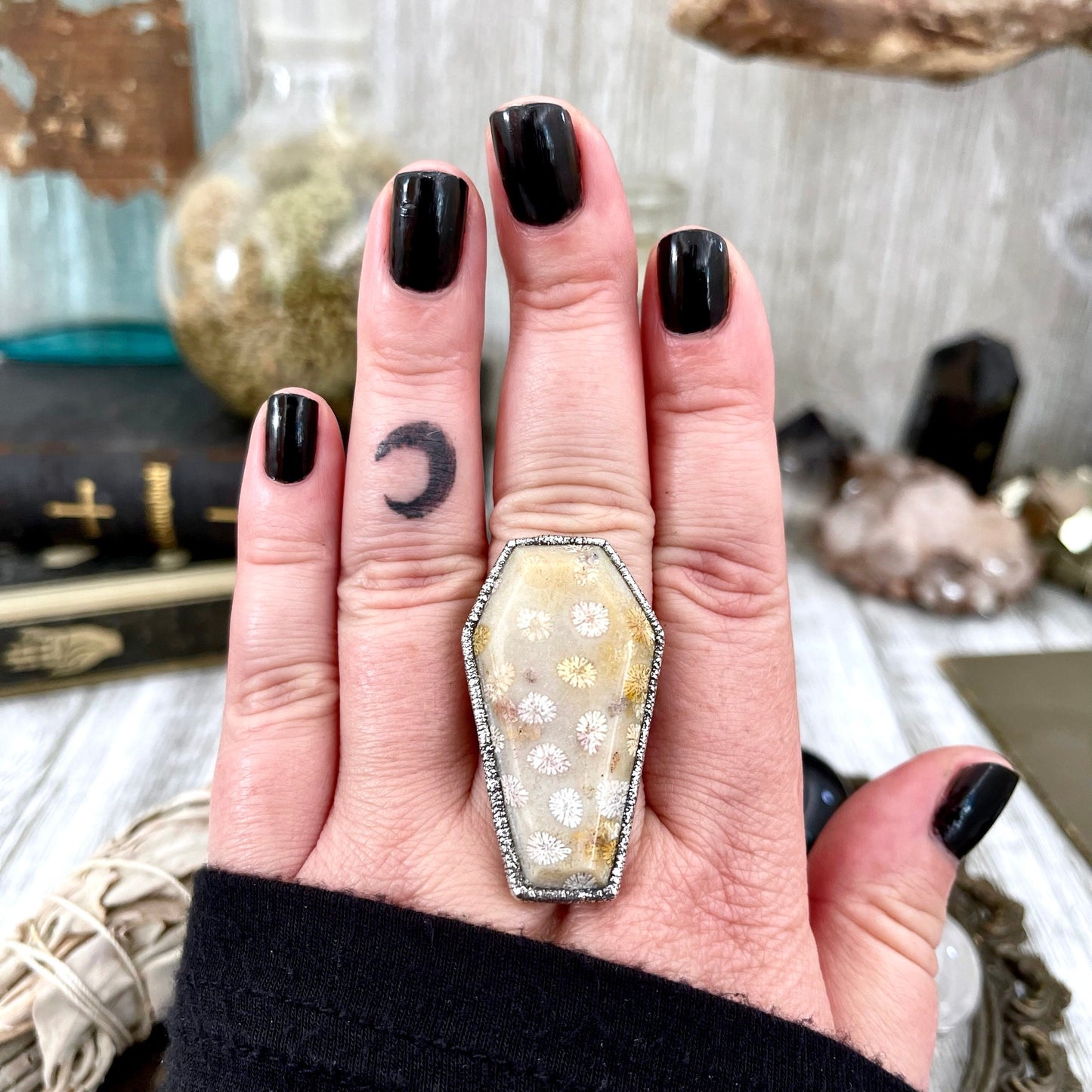 Coffin Jewelry, Etsy ID: 1425213398, Festival Jewelry, Fossilized Coral, Fossilized Palm Root, FOXLARK- RINGS, Gemstone Ring, Gothic Jewelry, Halloween Jewelry, Healing Crystal, Jewelry, Ring For Woman, Rings, Silver Coffin Ring, silver crystal ring, Silv