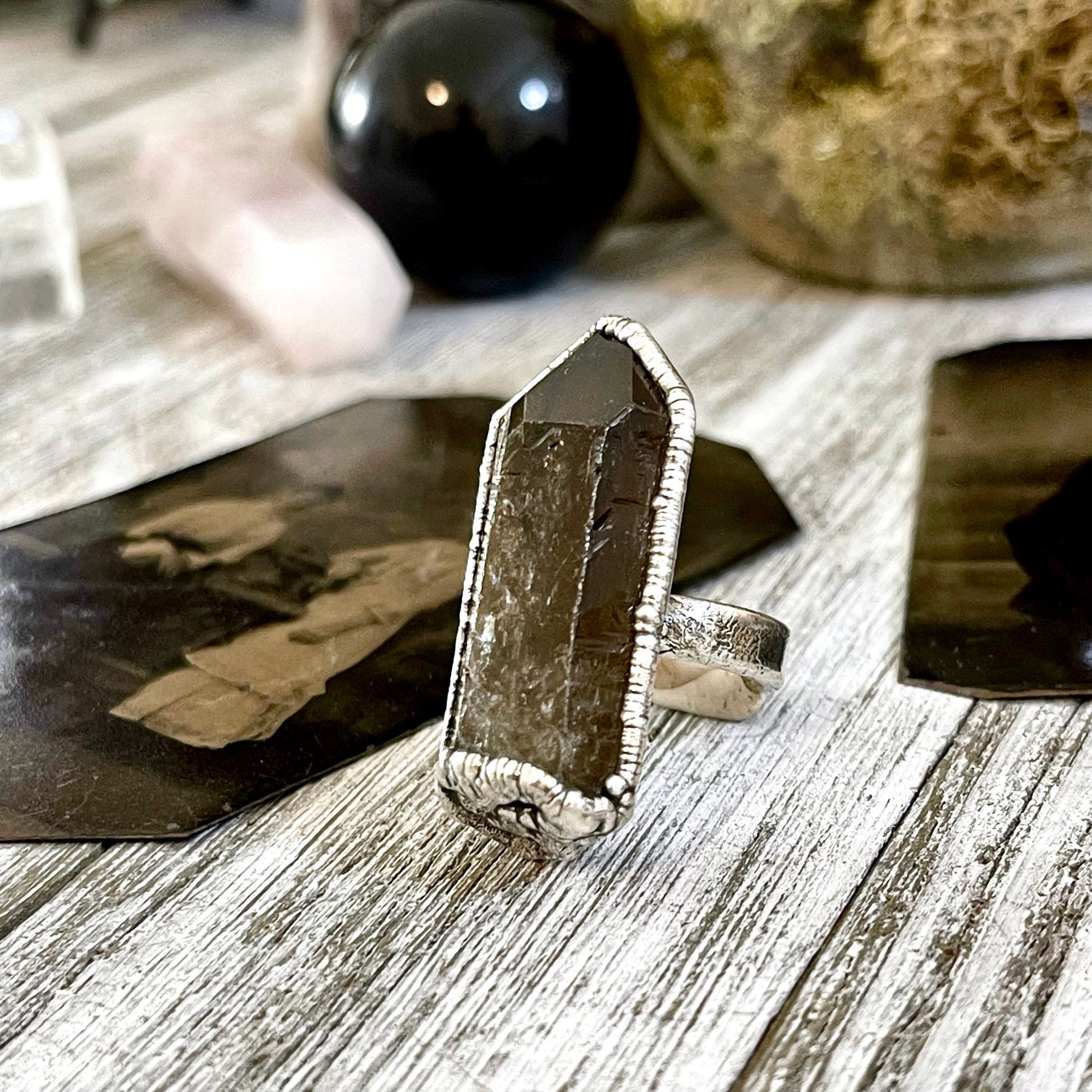 Size 7.5 Raw Smoky Quartz Crystal Cluster Ring Set in Fine Silver / Foxlark Collection - One of a Kind.