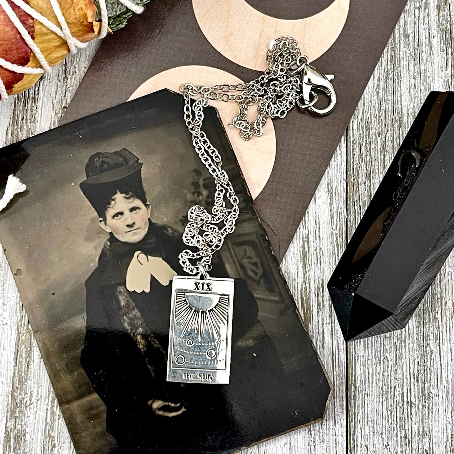 Tiny Talisman Collection - Sterling Silver The Sun Tarot Card Necklace 24x14mm /