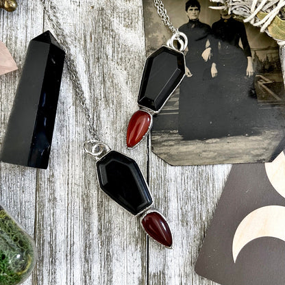 Crystal Coffin Black Onyx and Red Carnelian Necklace / Gothic Jewelry