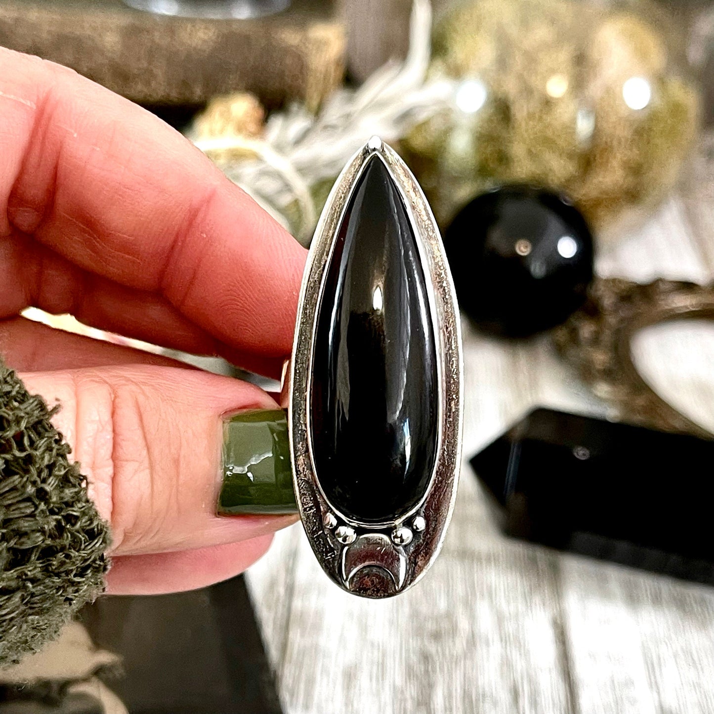 Black Onyx Ring in Sterling Silver, Magic Moon Ring/ Designed by FOXLARK Collection Adjustable to Size 6 7 8 9 10