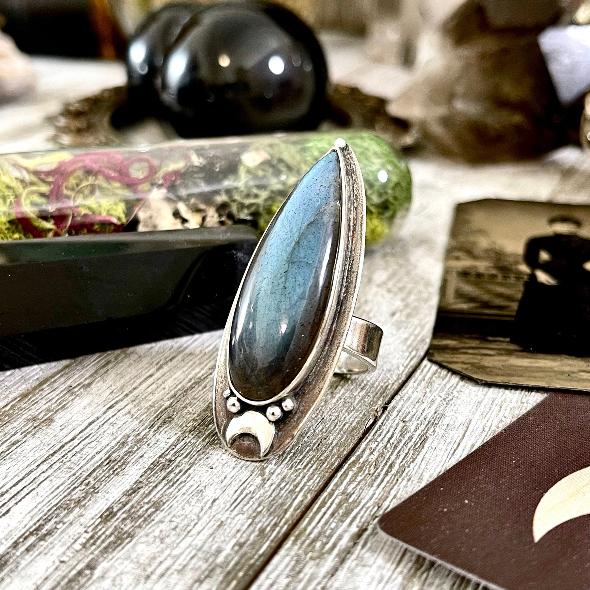 Labradorite Ring Magic Moon Blue Crystal Ring / Designed by FOXLARK Adjustable Size 6 7 8 9 10.