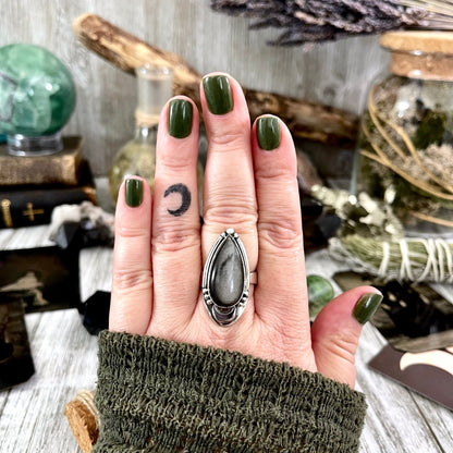 Midnight Moon Silver Sheen Obsidian Teardrop Crystal Ring in Sterling Silver- Designed by FOXLARK Collection Adjustable to Size 6 7 8 9