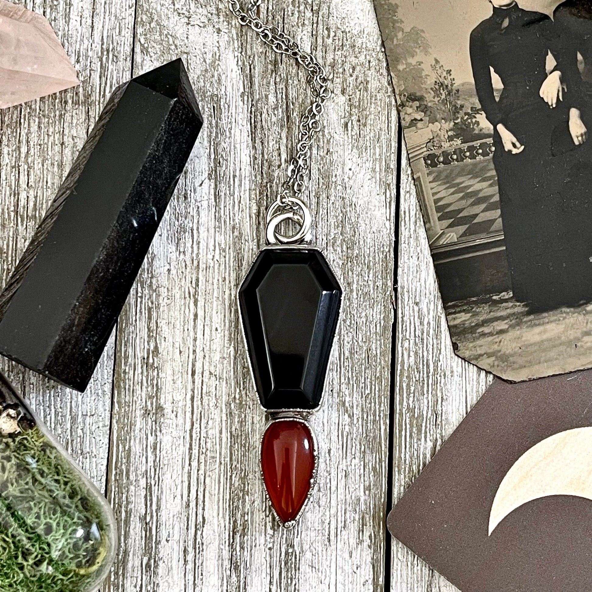 Crystal Coffin Black Onyx and Red Carnelian Necklace / Gothic Jewelry