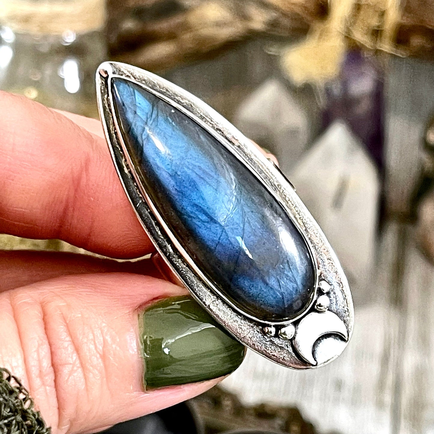 Labradorite Ring Magic Moon Blue Crystal Ring / Designed by FOXLARK Adjustable Size 6 7 8 9 10.