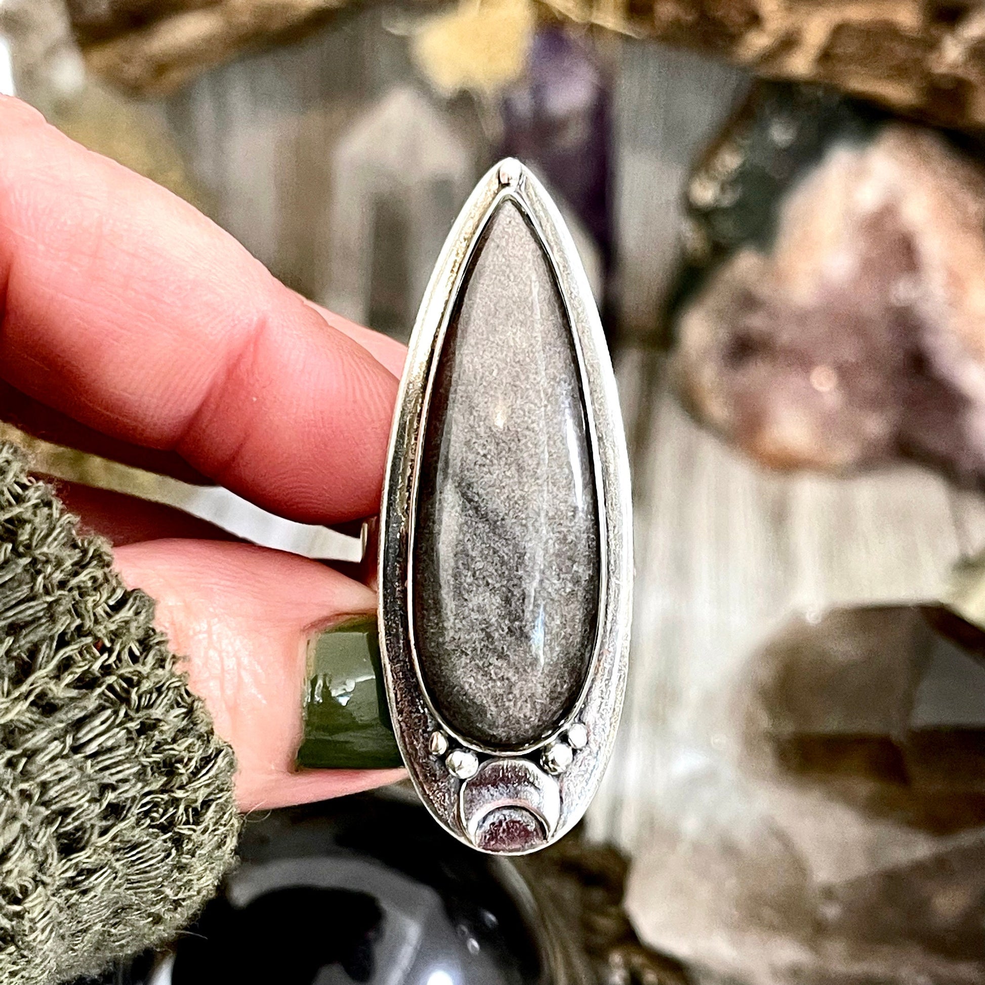 Silver Sheen Obsidian Ring Sterling Silver / Magic Moon Designed by FOXLARK Adjustable Size 6 7 8 9 10.