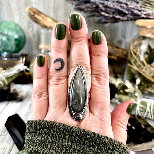 Silver Sheen Obsidian Ring Sterling Silver / Magic Moon Designed by FOXLARK Adjustable Size 6 7 8 9 10.