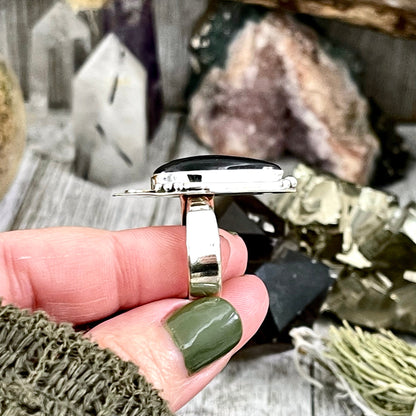 Black Obsidian Crystal Ring in Sterling Silver, Midnight Moon Ring / Designed by FOXLARK Adjustable to Size 6 7 8 9 Gemstone Jewelry Goth Ring