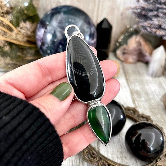 Crystal Teardrop Black Agate and Green Agate Necklace / Gothic Jewelry