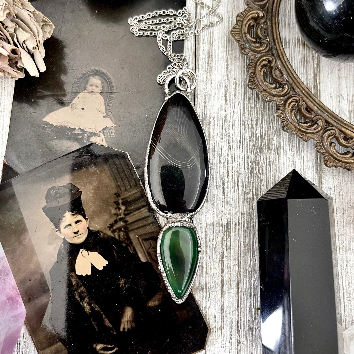 Crystal Teardrop Black Agate and Green Agate Necklace / Gothic Jewelry