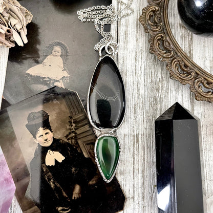 Crystal Teardrop Black Agate and Green Agate Necklace / Gothic Jewelry