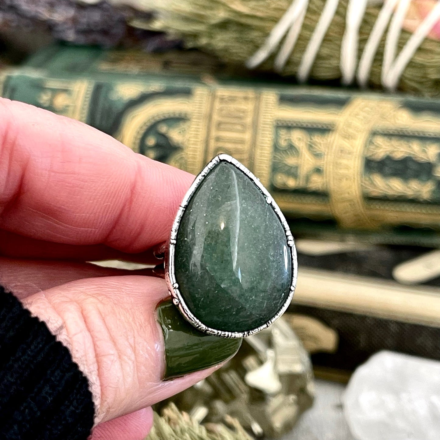 Teardrop Green Aventurine Ring Fine Silver Size 5 6 7 8 9 10 Foxlark Collection