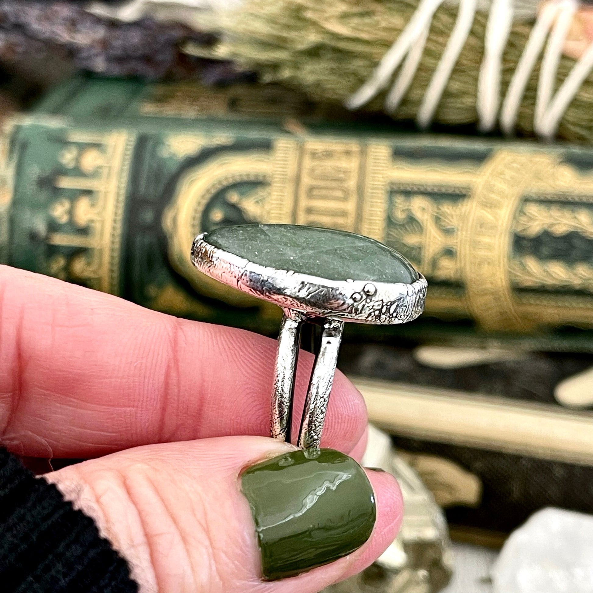 Teardrop Green Aventurine Ring Fine Silver Size 5 6 7 8 9 10 Foxlark Collection