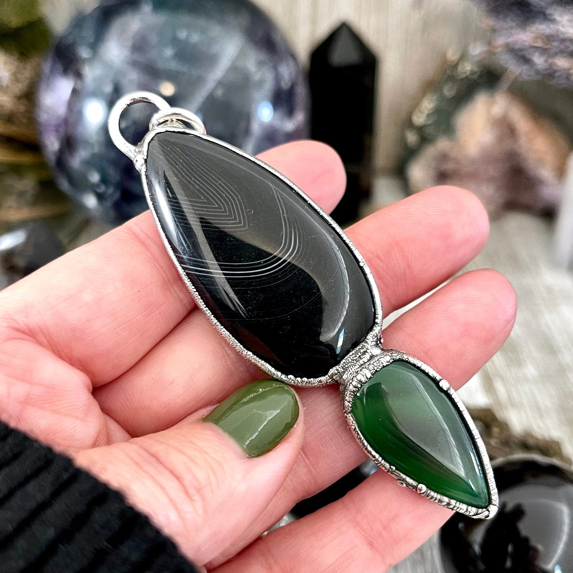 Crystal Teardrop Black Agate and Green Agate Necklace / Gothic Jewelry